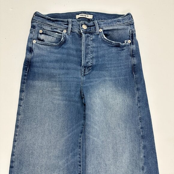 Forever 21 Button Fly Wide Leg Distressed Women's size 25 Dark Blue denim Jeans - Picture 2 of 5